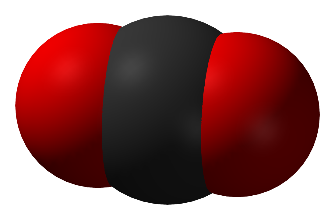 Carbon dioxide (via Wikipedia by JacekFH) carbon atom in the middle flanked by two oxygen atoms